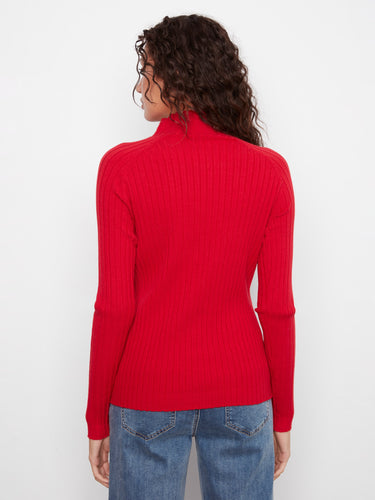 This elegant mock neck sweater in bright red is designed with comfort in mind, offering warmth and style seamlessly. By Charlie B.