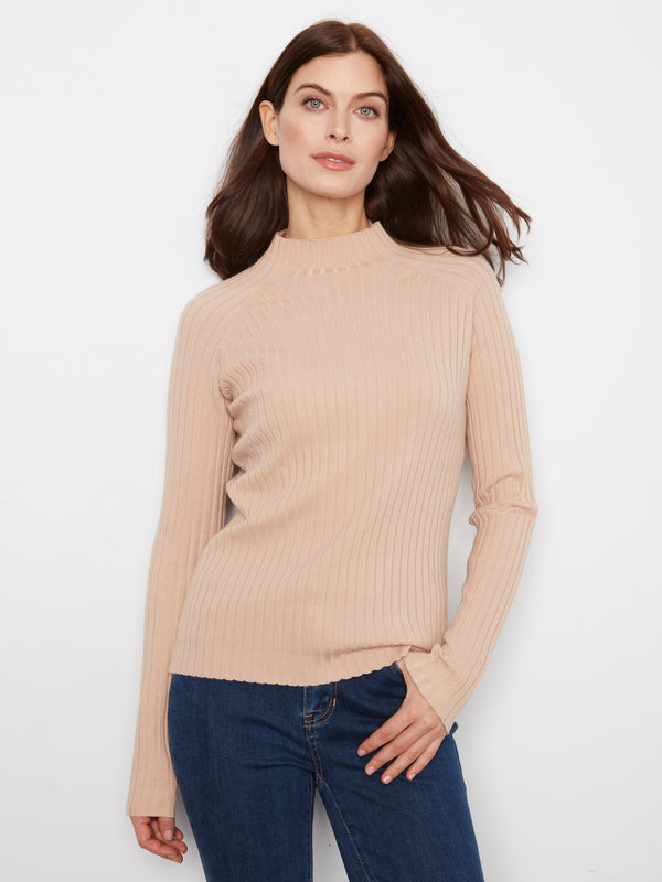 Ribbed Knit Mock Neck Sweater - Latte