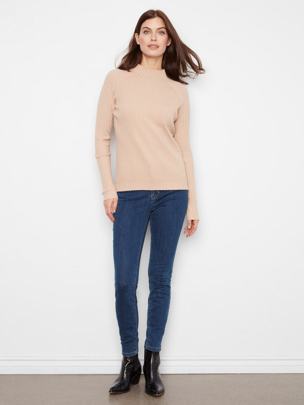 Ribbed Knit Mock Neck Sweater - Latte