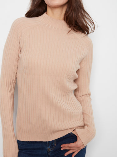 Chic beige ribbed knit sweater showcasing long sleeves and a flattering slim fit by Charlie B.