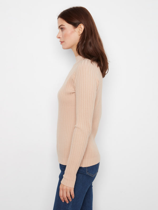 Ribbed Knit Mock Neck Sweater - Latte
