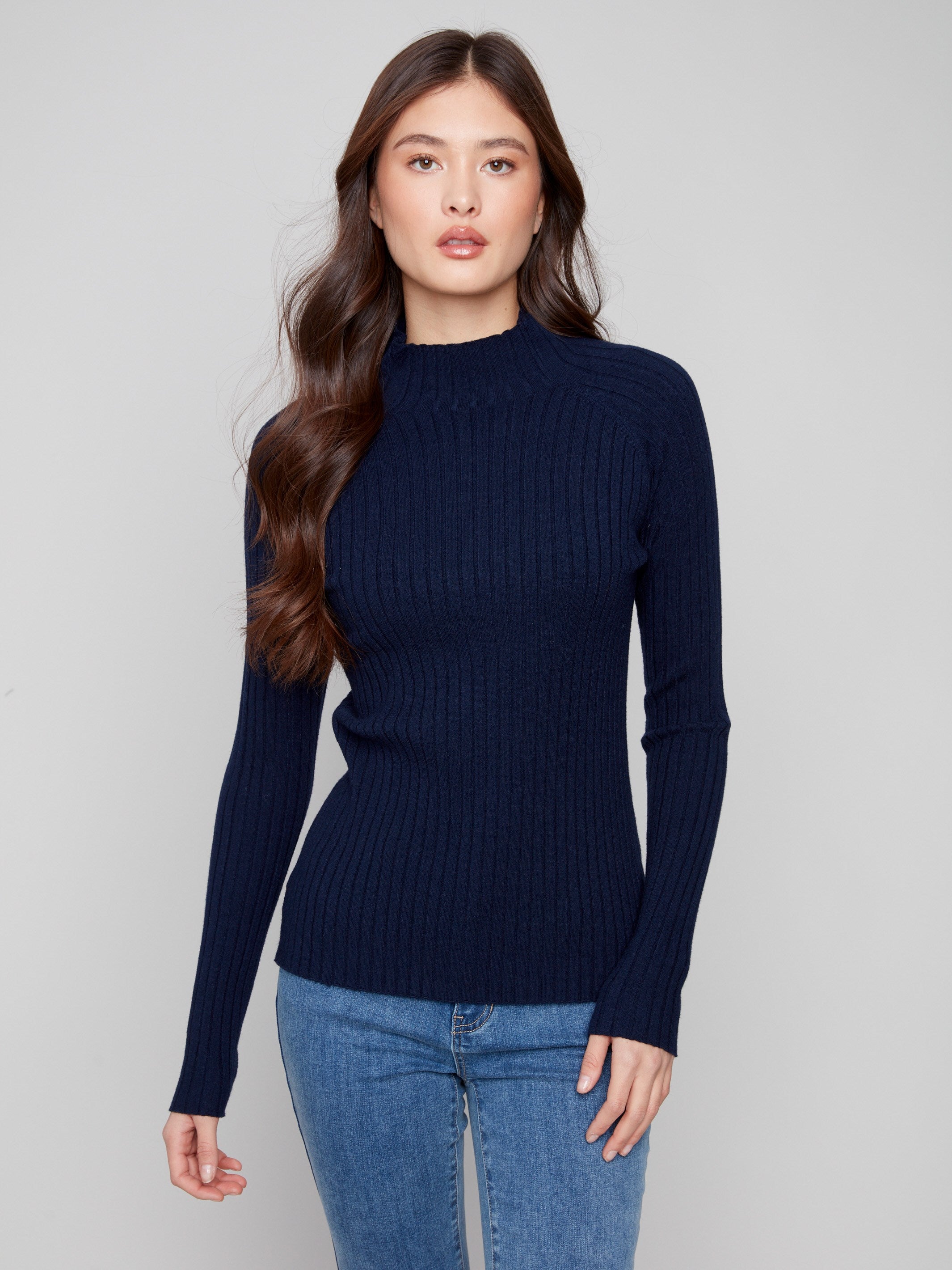 Navy ribbed knit sweater featuring a stylish mock neck design by Charlie B.