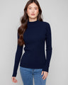 Navy ribbed knit sweater featuring a stylish mock neck design by Charlie B.