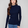 Navy ribbed knit sweater featuring a stylish mock neck design by Charlie B.