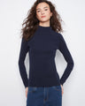 Navy ribbed knit sweater with a stylish mock neck, perfect for a chic and cozy look. Designed by Charlie B.