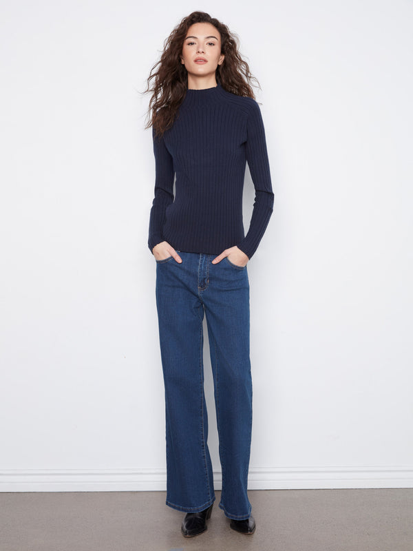Ribbed Knit Mock Neck Sweater - Navy