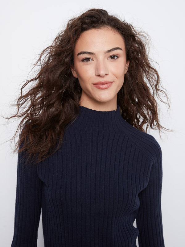 Ribbed Knit Mock Neck Sweater - Navy