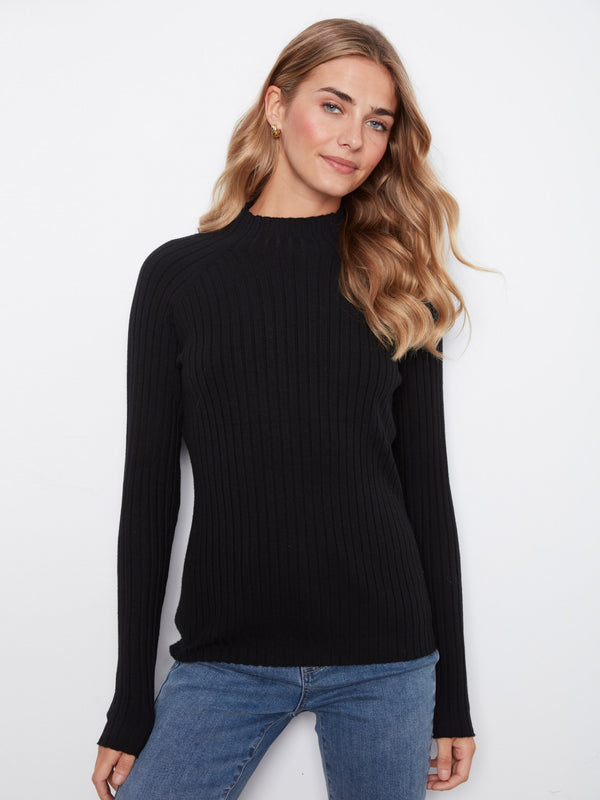 Ribbed Knit Mock Neck Sweater - Black