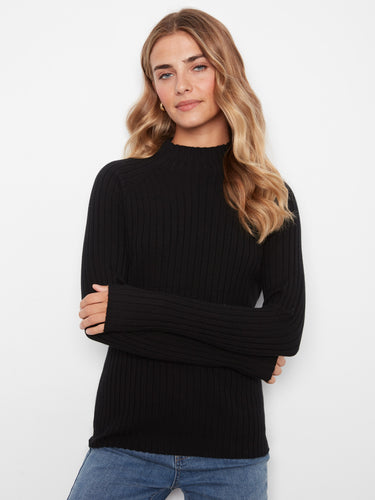 Chic black ribbed sweater showcasing mock neck style for modern appeal by Charlie B.