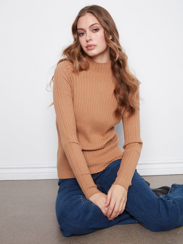 Ribbed Knit Mock Neck Sweater - Truffle