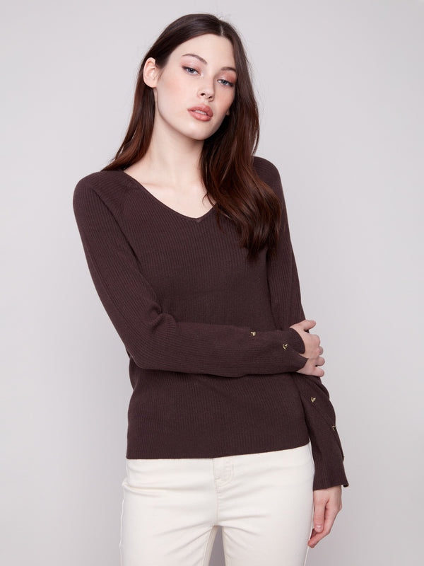 Mocha sweater featuring a slim fit design with heart rivets adding charm to the sleeves by Charlie B.