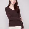 Mocha sweater featuring a slim fit design with heart rivets adding charm to the sleeves by Charlie B.