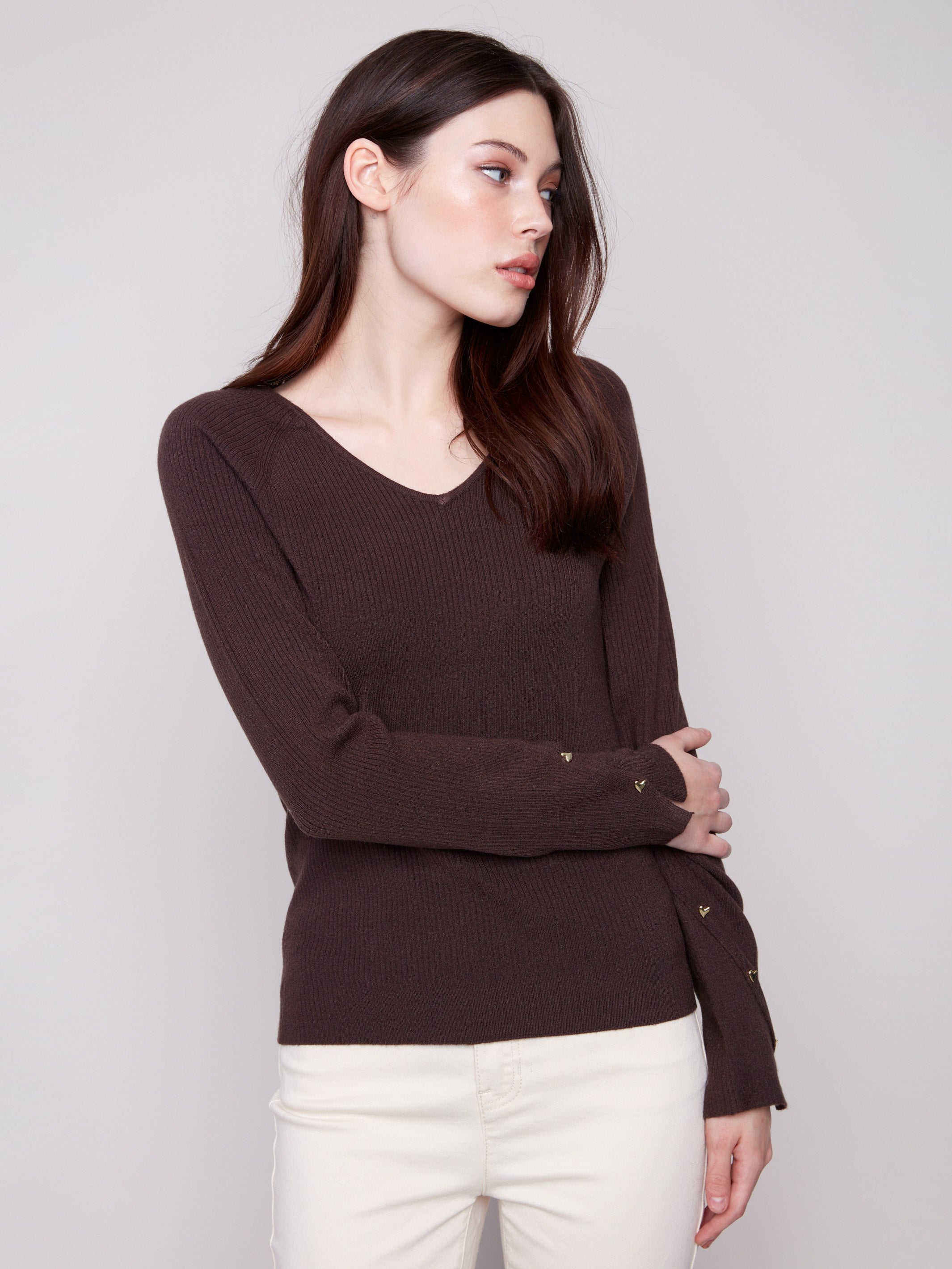 Women's Ribbed V-Neck Sweater Mocha Charlie B