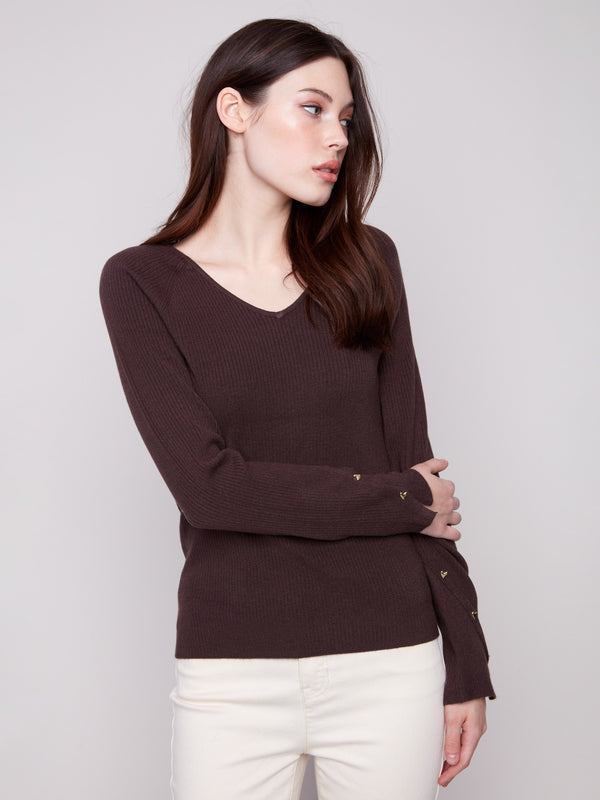 Sophisticated mocha V-neck sweater crafted with a slim fit silhouette, perfect for any occasion by Charlie B.