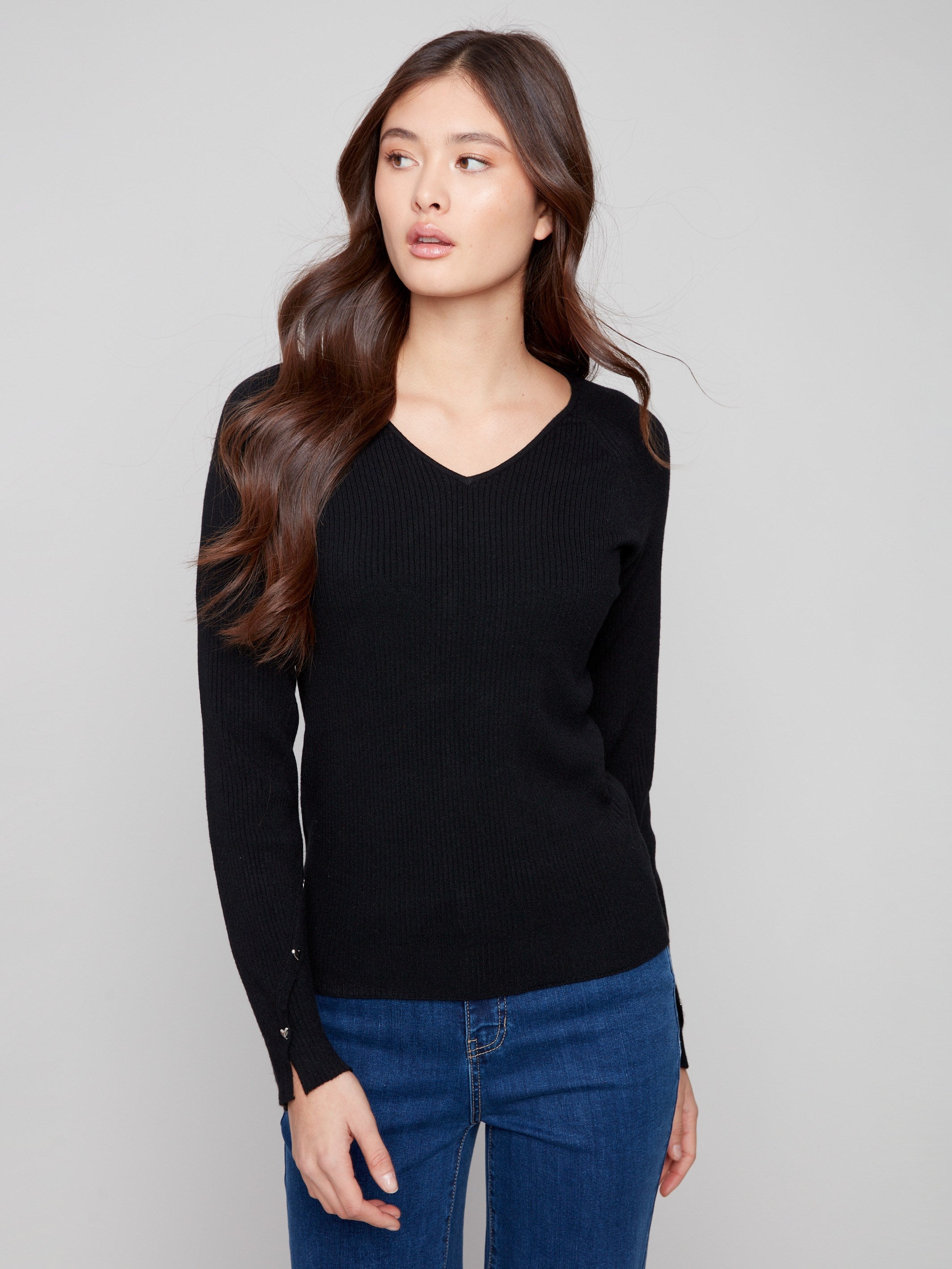 Women's Ribbed V-Neck Sweater Black Charlie B - Main Image