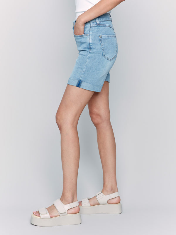 Fashionable light blue shorts with rolled cuffs for a trendy look by Charlie B.