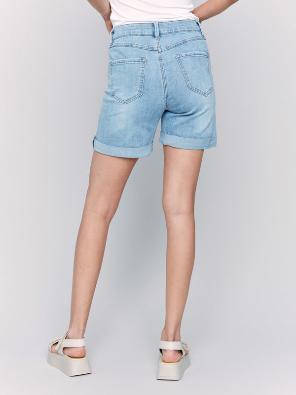 Classic five-pocket styled denim shorts in light blue, made from stretch fabric by Charlie B.