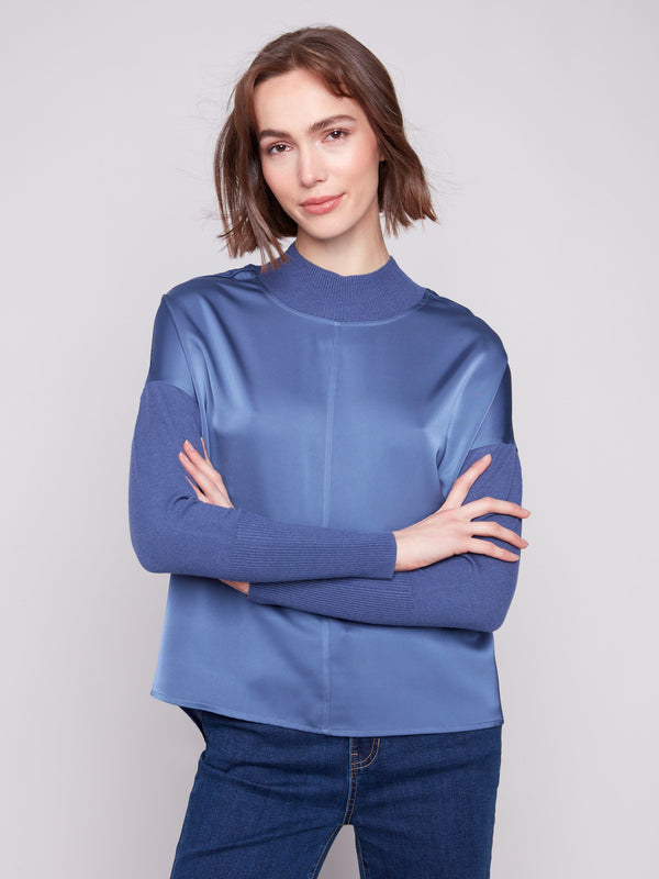 Satin-knit combo top featuring drop shoulders for a relaxed yet chic look by Charlie B.