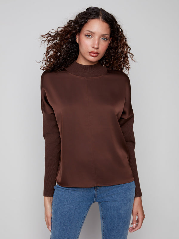 Mocha satin knit top showcasing a stylish mock neck with ribbed detailing, perfect for a chic look by Charlie B.
