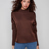 Mocha satin knit top showcasing a stylish mock neck with ribbed detailing, perfect for a chic look by Charlie B.