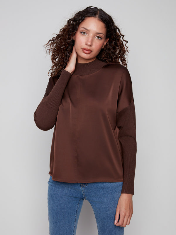 Elegant mocha top featuring ribbed cuffs and neckline, adding a touch of sophistication to your outfit by Charlie B.