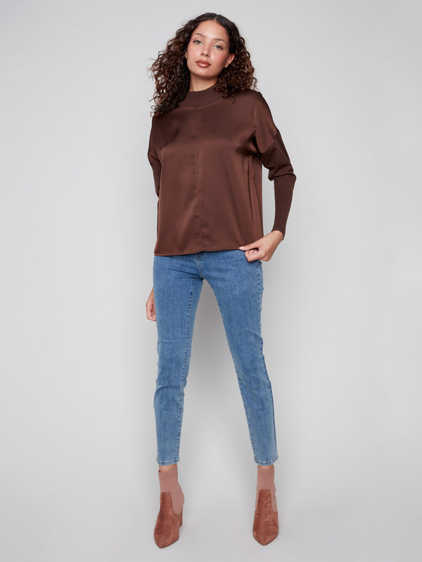 Satin-knit combo in mocha with drop shoulders offers both comfort and style for any occasion by Charlie B.