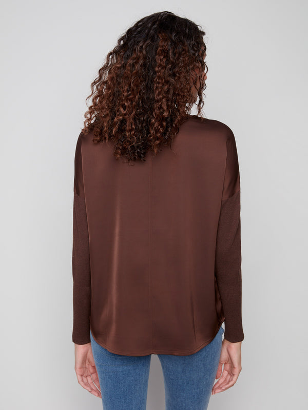 Stylish mocha top with unique front seam detail enhances the overall modern aesthetic by Charlie B.