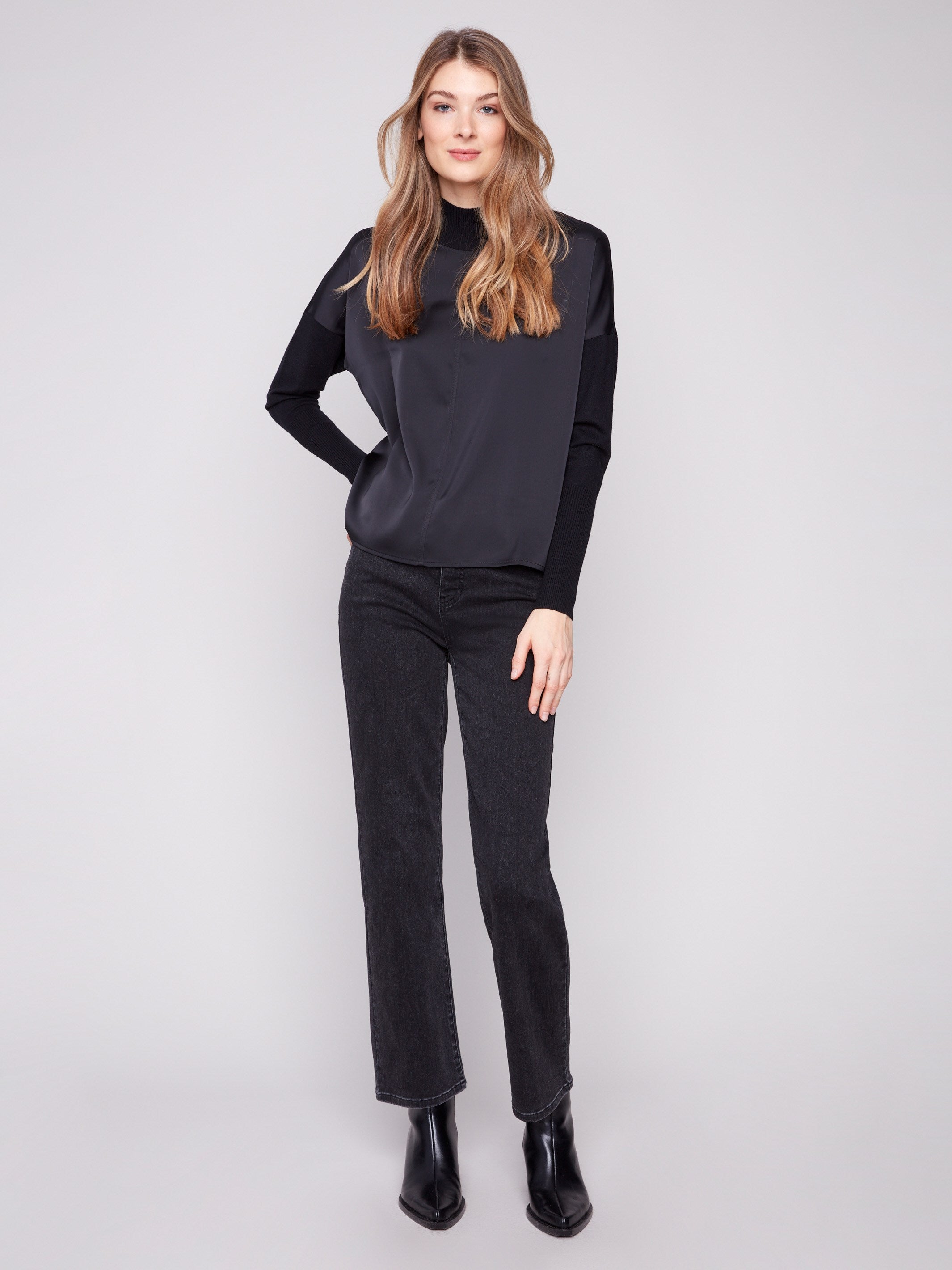 Elegant black top in satin-knit combo with ribbed neckline, designed for comfort by Charlie B.
