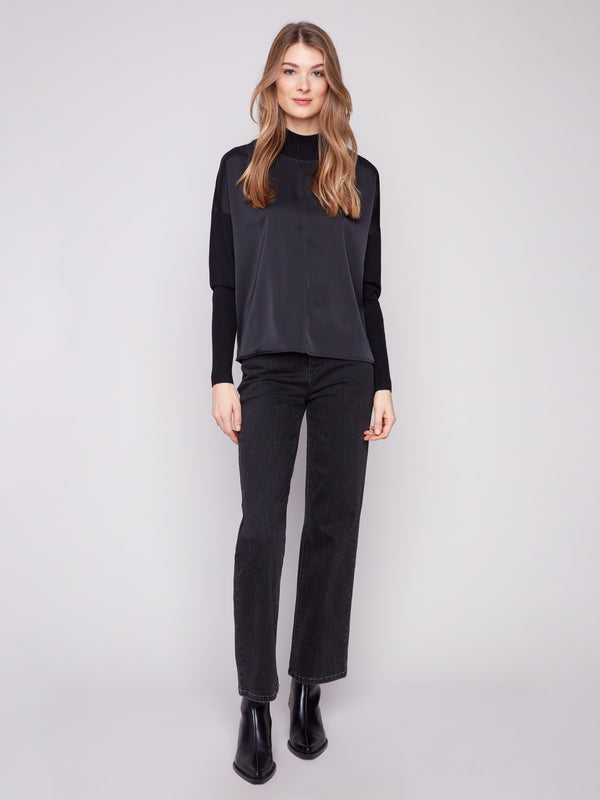 Satin Knit Top With Mock Neck - Black