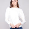 Ecru Scuba Knit Top with intricate soutache front detail, highlighting the crew neckline and stylish design by Charlie B.