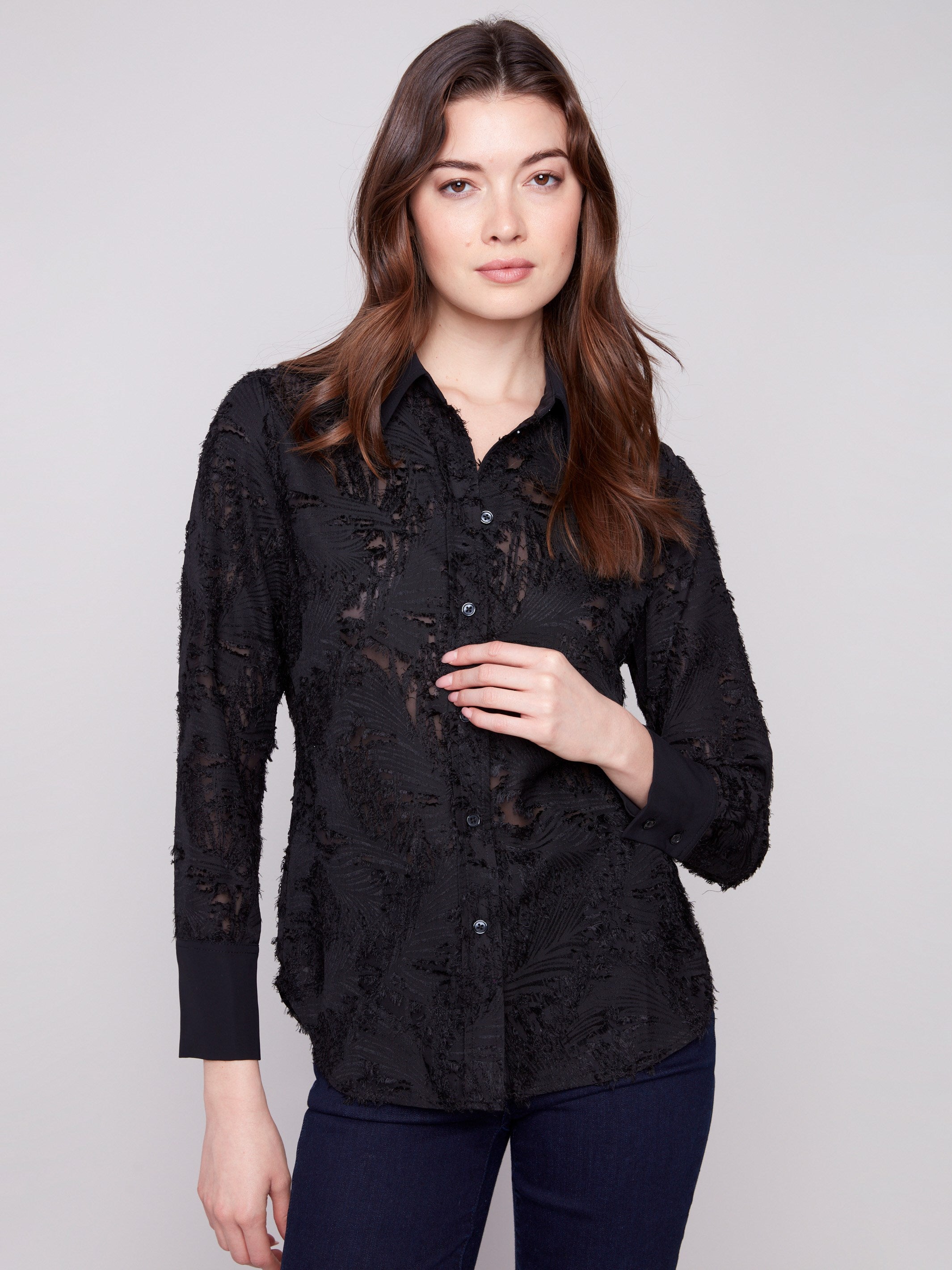 Chic black chiffon shirt featuring a stylish collar and abstract design, perfect for elegant occasions by Charlie B.