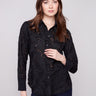 Chic black chiffon shirt featuring a stylish collar and abstract design, perfect for elegant occasions by Charlie B.