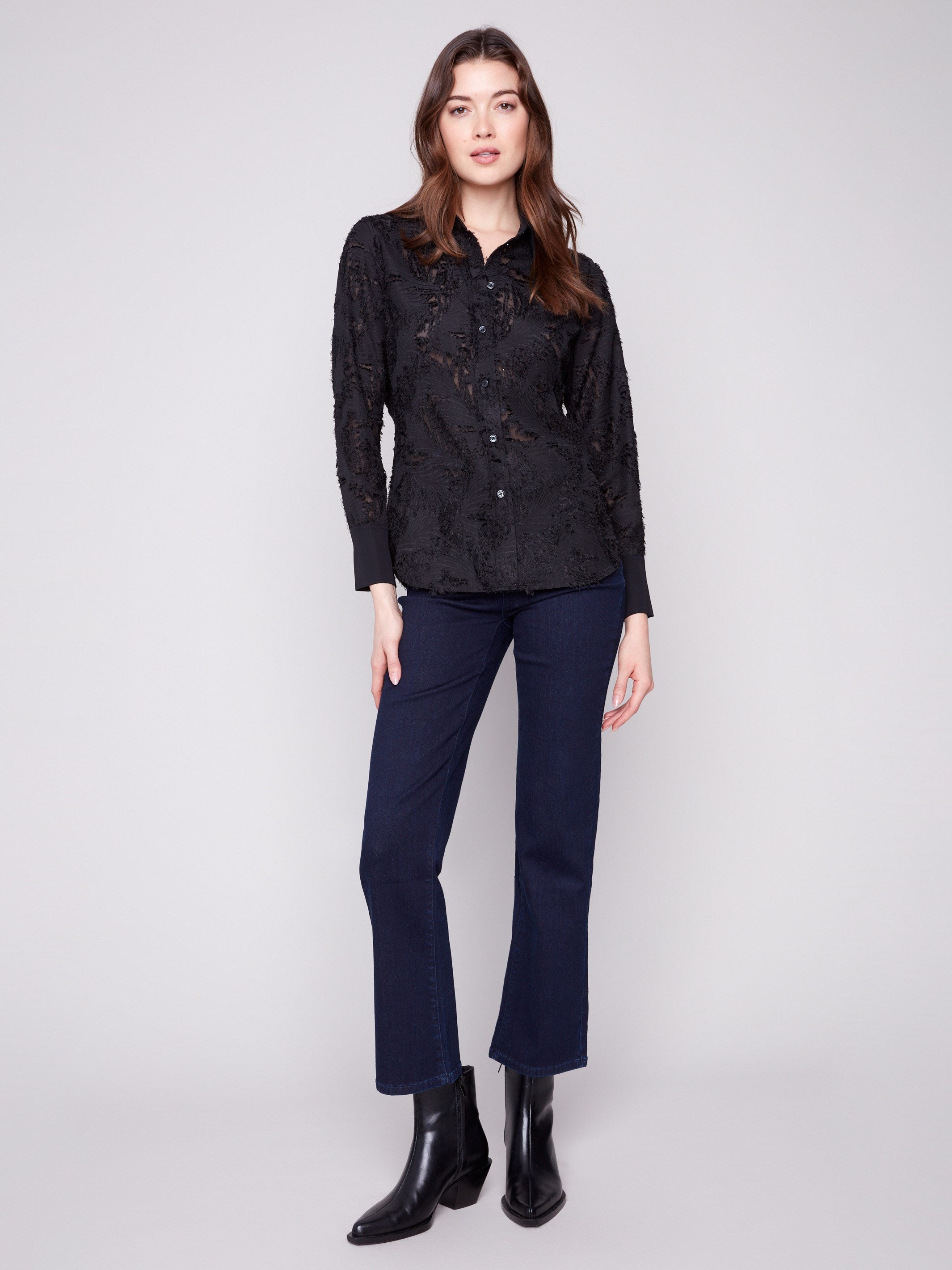 Elegant long-sleeve shirt with button-down closure in fancy chiffon fabric, ideal for a sophisticated look by Charlie B.