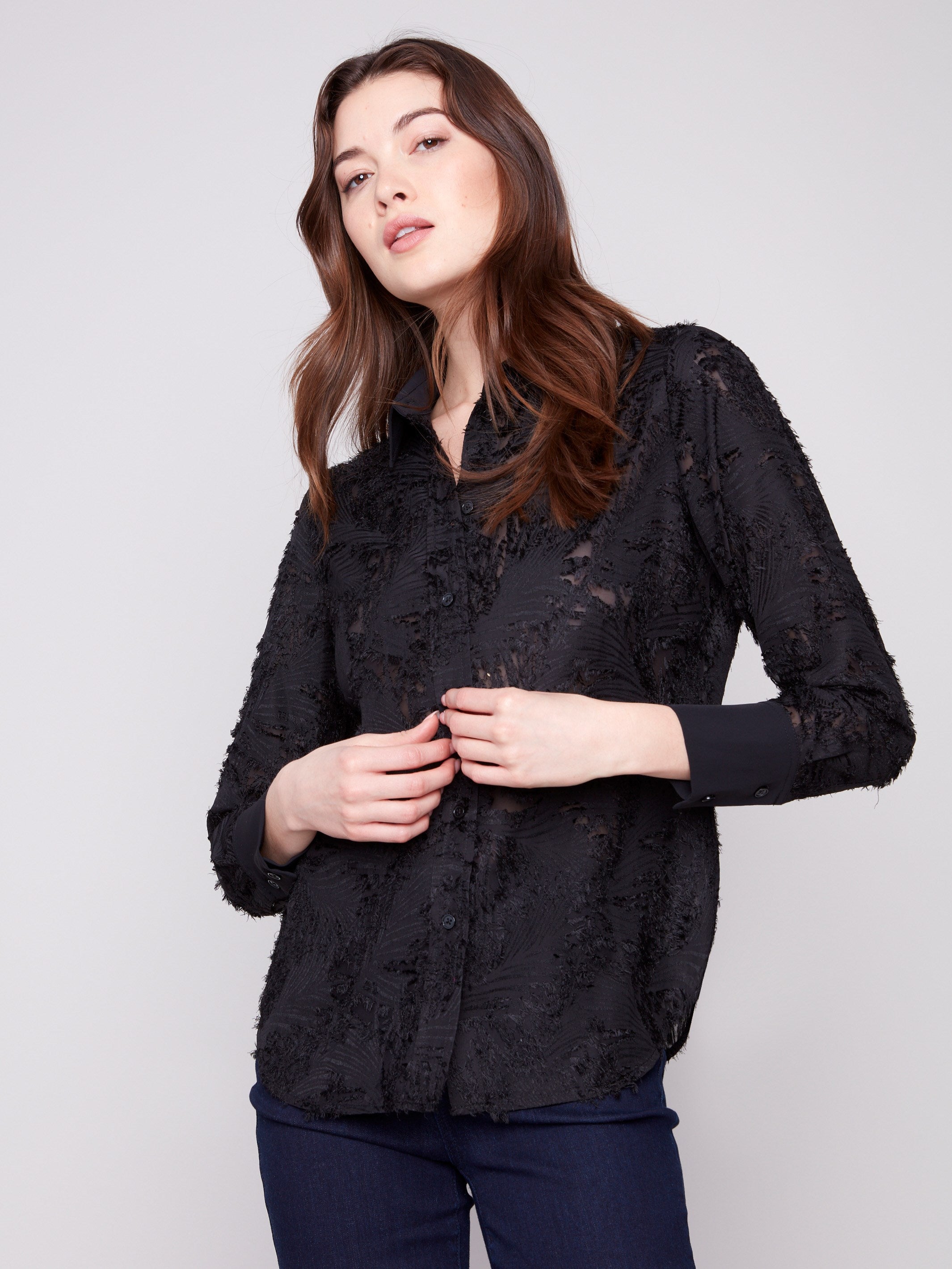Stylish semi-sheer chiffon shirt with intricate patterns and classic collar, offering a fashionable flair by Charlie B.