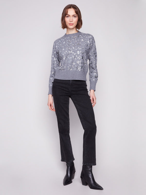 Dark grey sweater designed with a slightly cropped fit, embellished with eye-catching sequins by Charlie B.