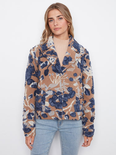 Sherpa flocked coat showcasing a floral pattern with snap-button closure for a chic look by Charlie B.