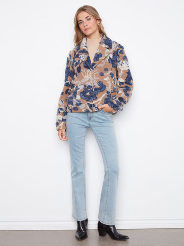 Floral patterned short coat crafted in cozy sherpa fabric, ideal for stylish warmth by Charlie B.