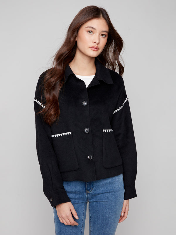 Black wool jacket featuring a classic shirt collar and elegant design, perfect for any occasion by Charlie B.