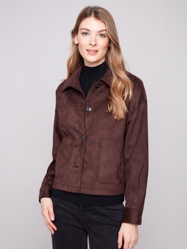 Faux suede mocha jacket with convenient front patch pockets for a stylish touch by Charlie B.
