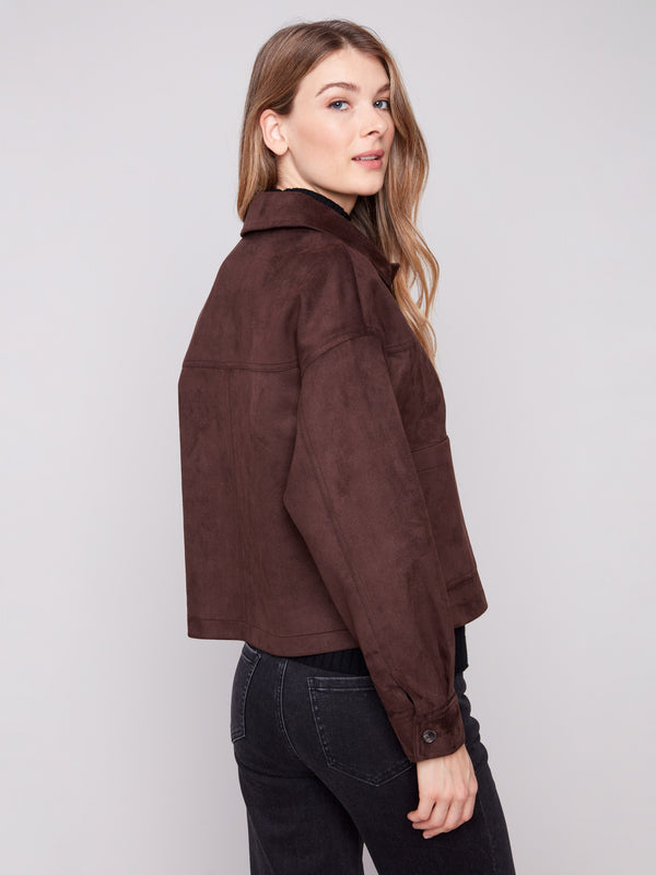 Elegant mocha jacket showcasing button cuffs for an adjustable fit and added detail by Charlie B.