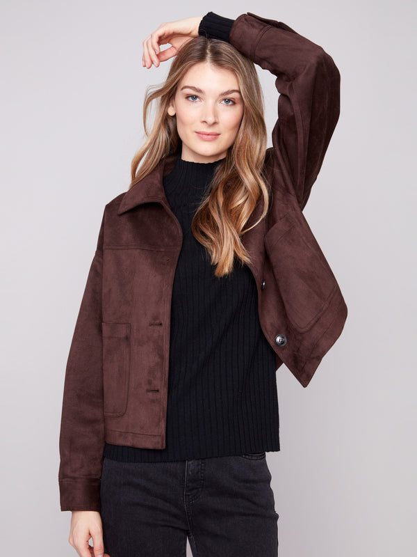 Stylish faux suede mocha jacket with a secure button front closure for easy wear by Charlie B.