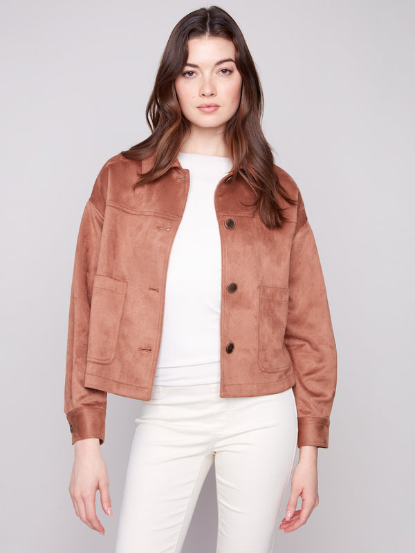 Faux suede jacket in truffle with a stylish shirt collar, adding elegance to any outfit by Charlie B.