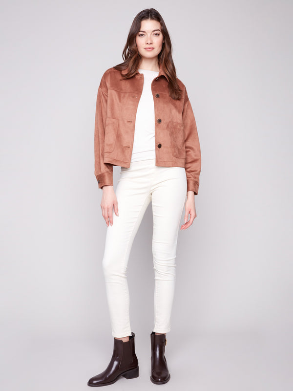 Chic faux suede jacket featuring button front closure for a sophisticated look by Charlie B.