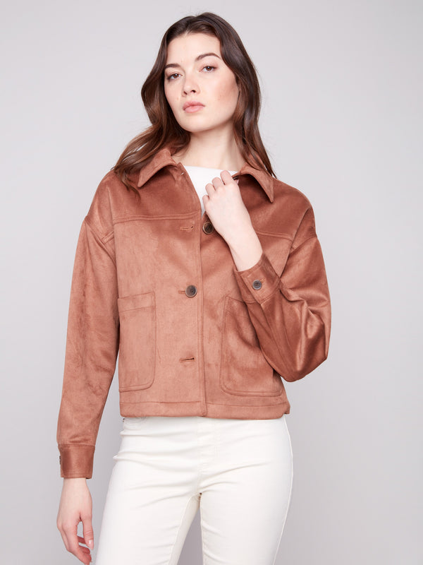 This truffle faux suede jacket includes practical front patch pockets for added convenience by Charlie B.