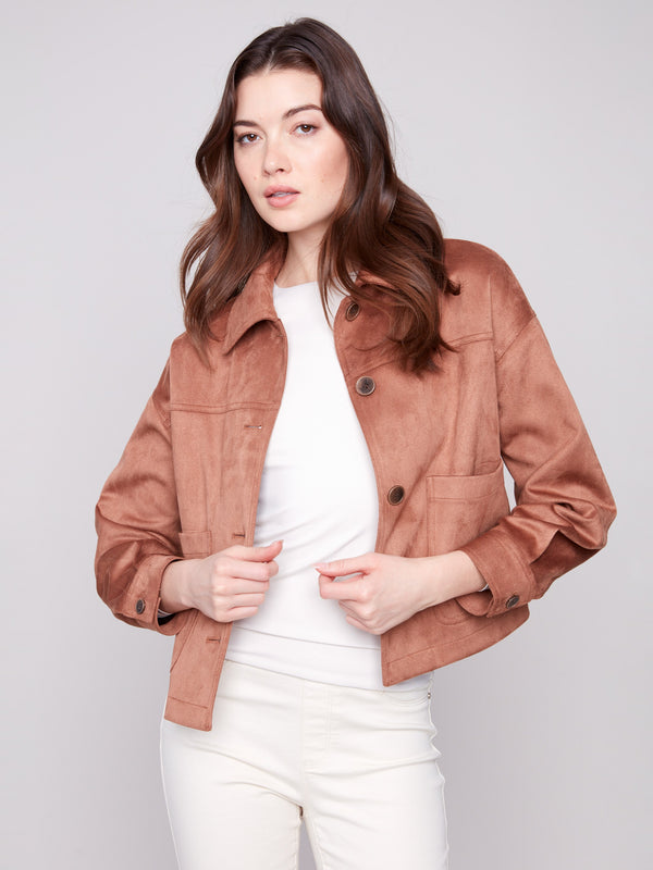 Truffle faux suede jacket crafted with attention to detail, including button cuffs by Charlie B.