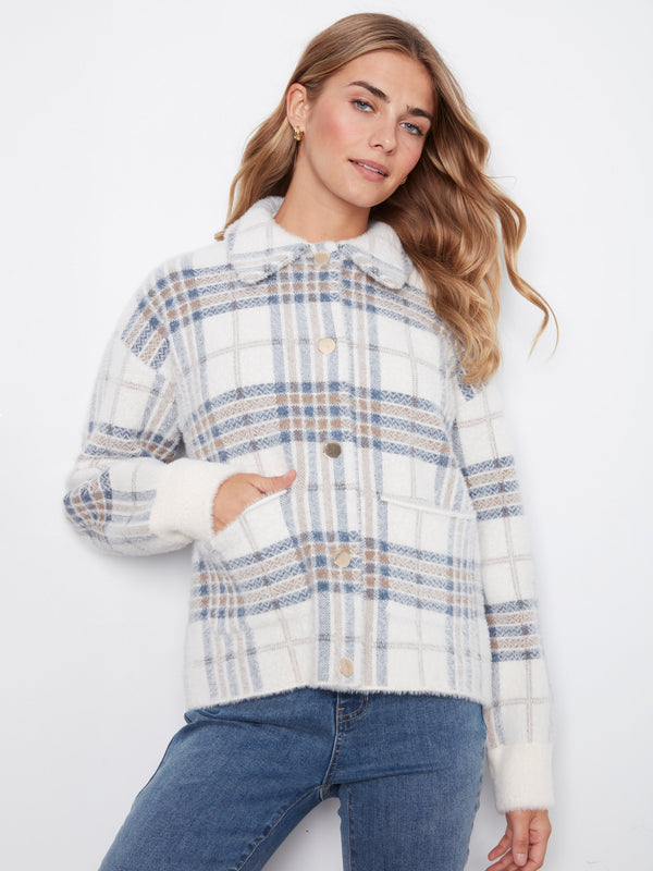 Short Plaid Knit Jacket - Ecru