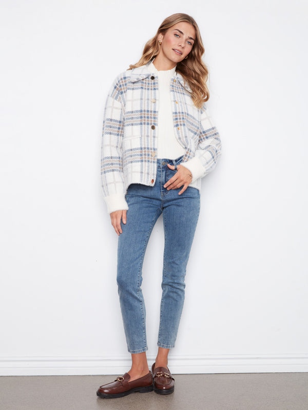 Short Plaid Knit Jacket - Ecru