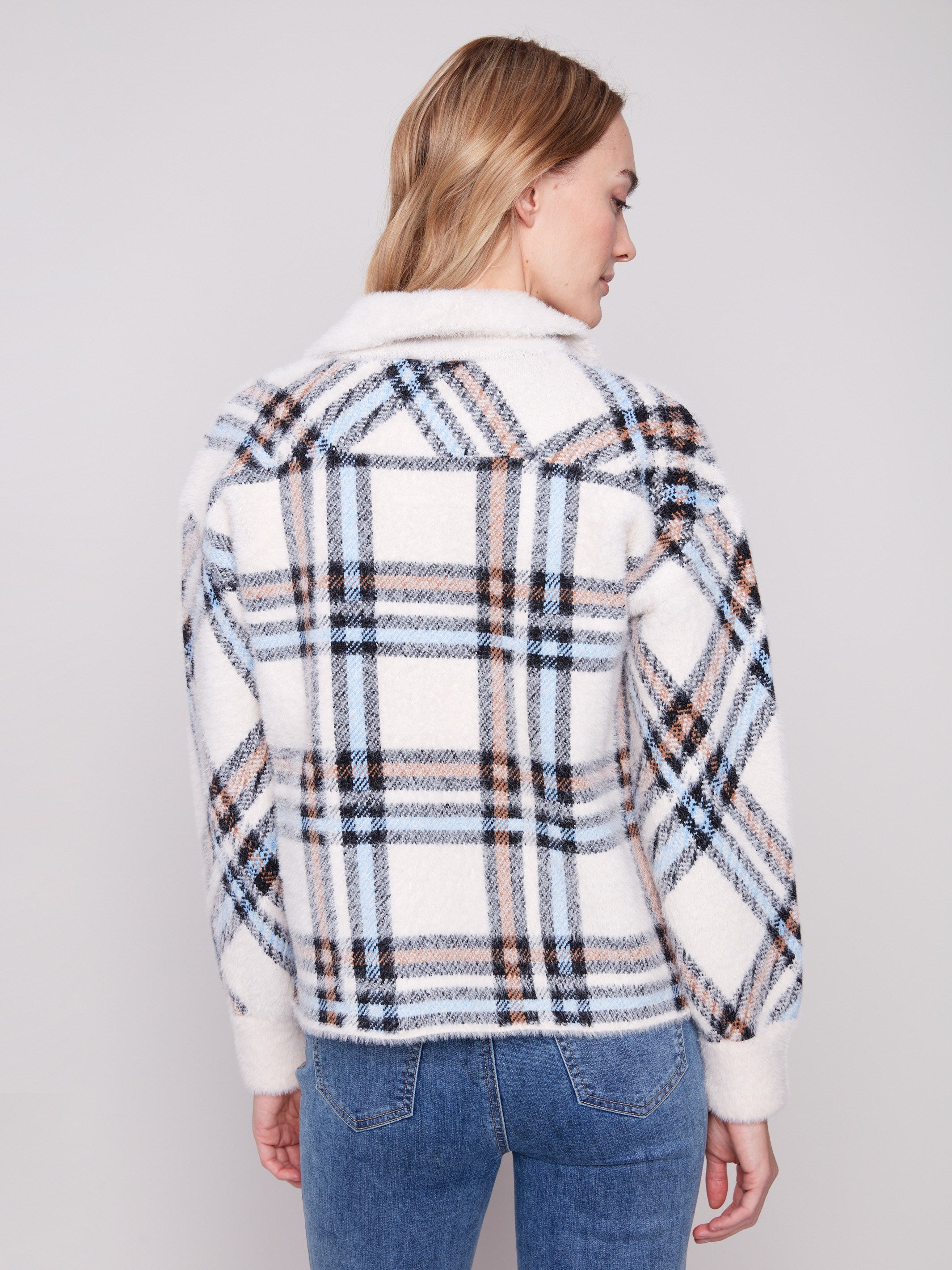 This ecru plaid knit jacket features front patch pockets and a chic design ideal for any occasion by Charlie B.