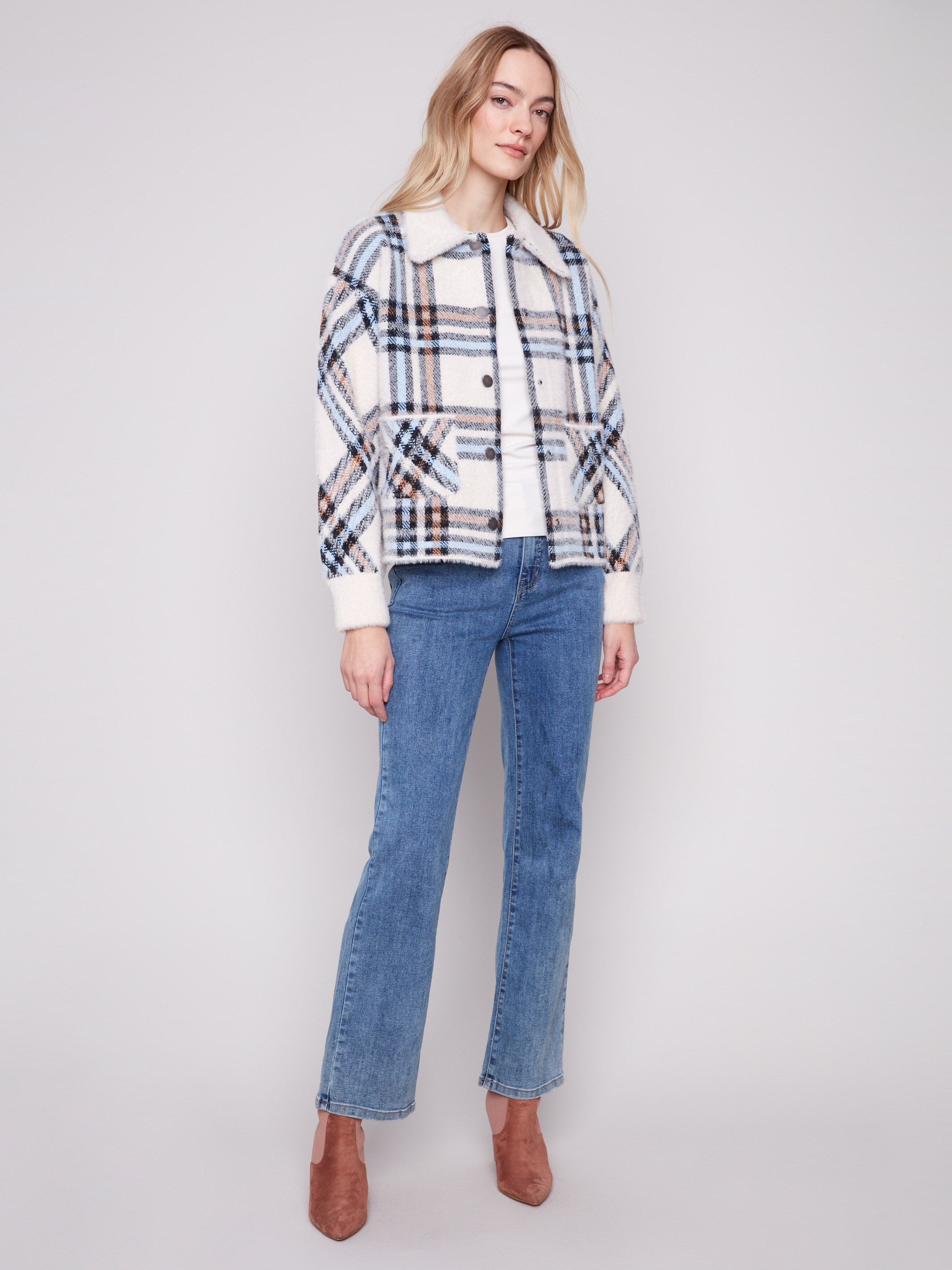 Add elegance to your wardrobe with this spread collar ecru plaid knit jacket, combining fashion and comfort by Charlie B.