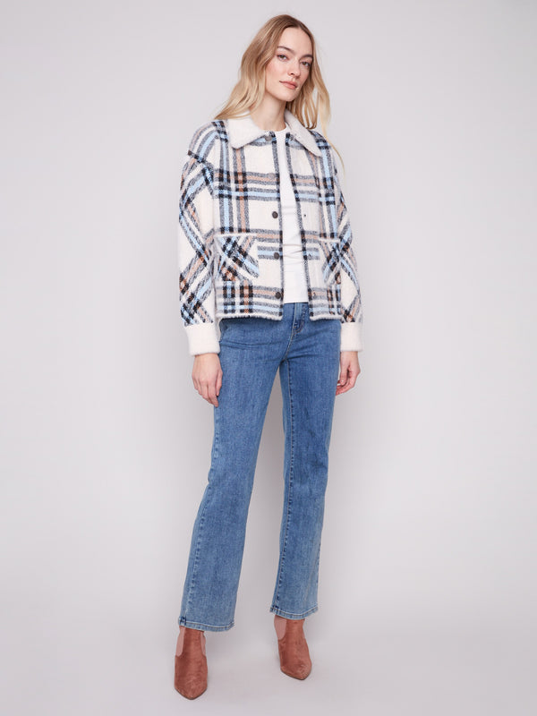 Add elegance to your wardrobe with this spread collar ecru plaid knit jacket, combining fashion and comfort by Charlie B.
